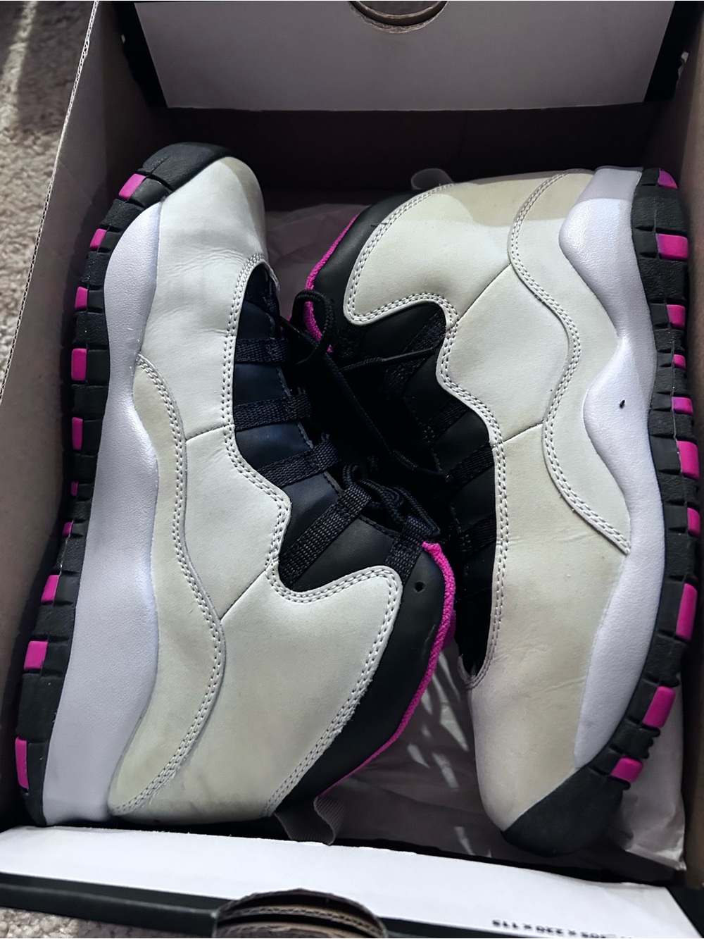Retro Jordan 10 White and Black Sneakers with Pink Accents